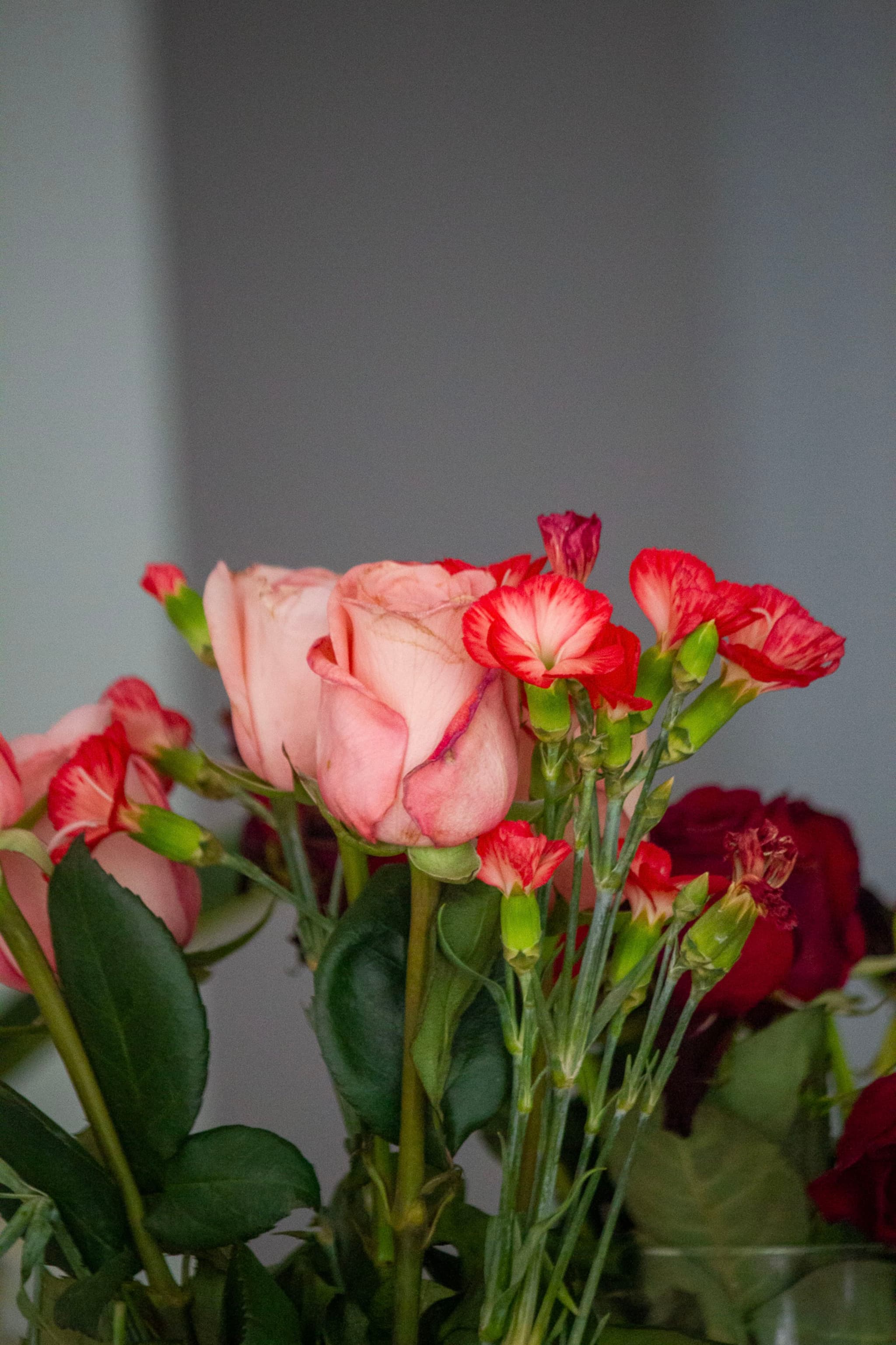 A bouquet of pink and red roses with green leaves against a neutral background