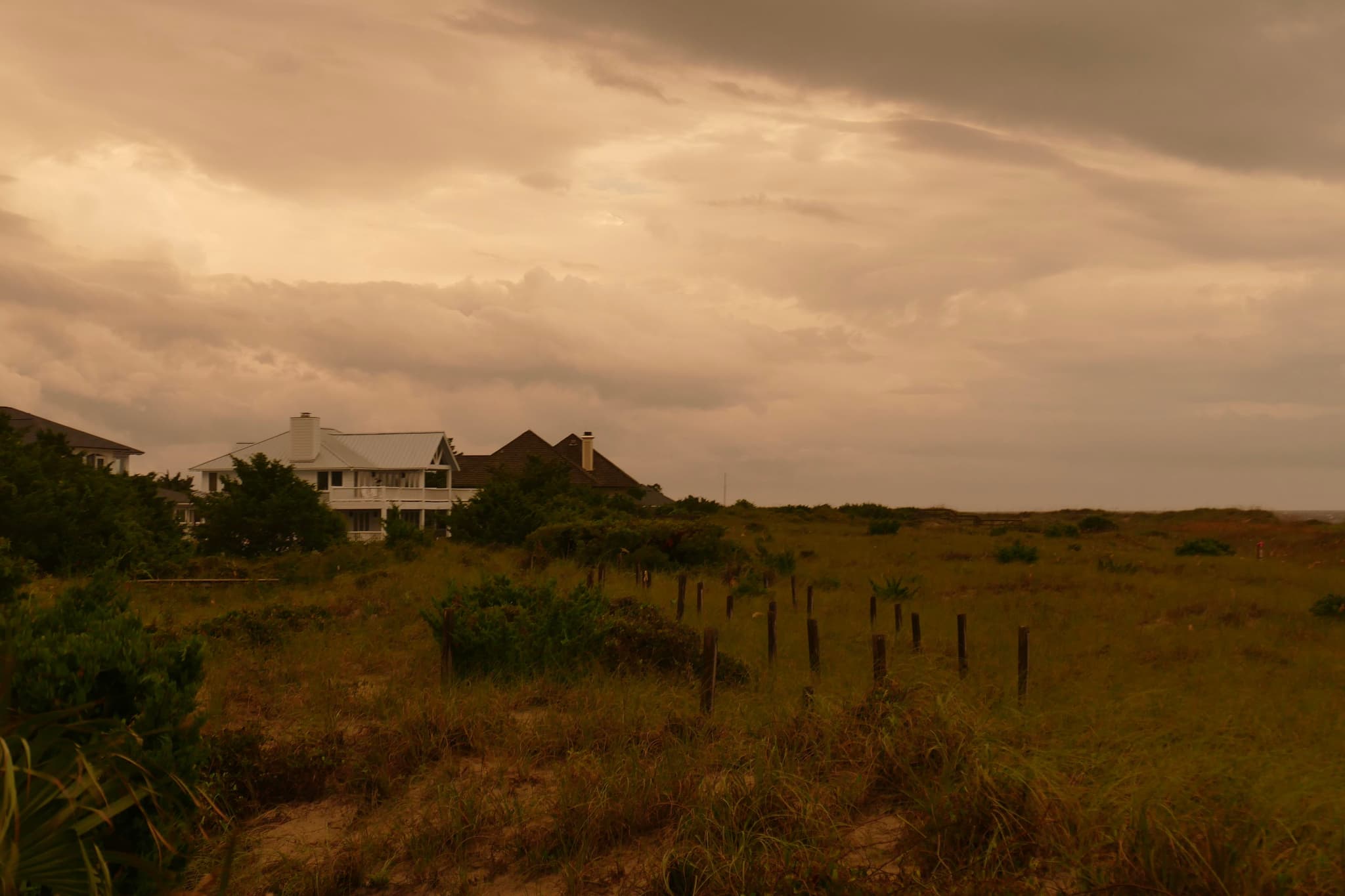A landscape with a grassy field, a few scattered bushes, and a white house in the distance under a cloudy sky